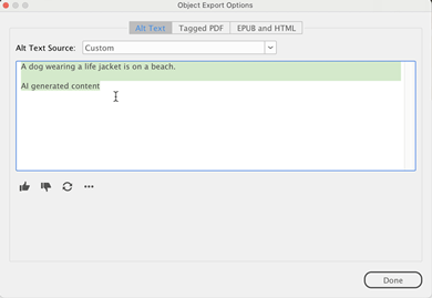 Screenshot of the A.I.-generated Alt-text of the dog on the beach.