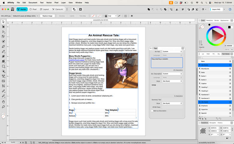 Screenshot of Affinity's Tags panel for adding Alt-text to an image.