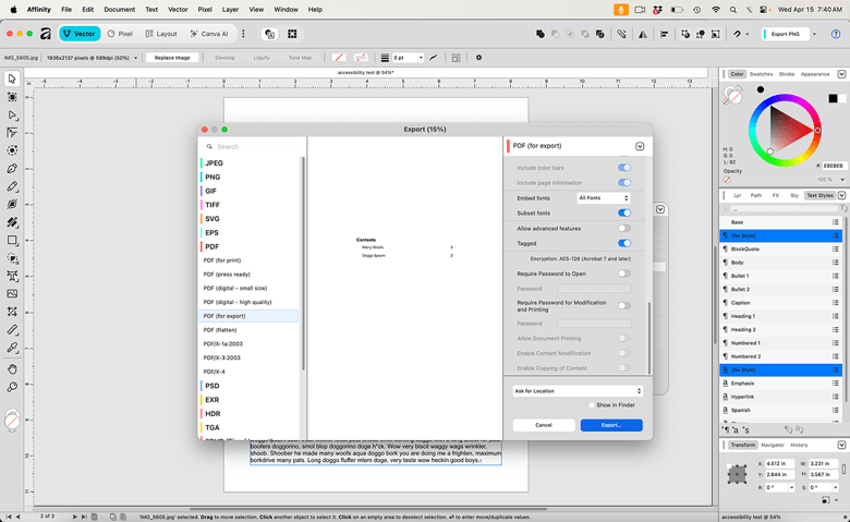 Screenshot of the PDF export settings in Affinity.