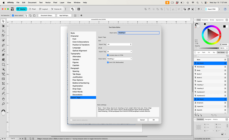 Screenshot of Affinity's export tags options.