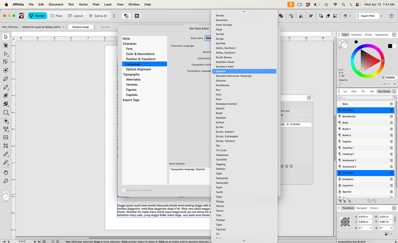 Screenshot of Affinity's language options.