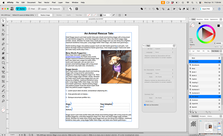 Screenshot of the mark as decoration option in Affinity.