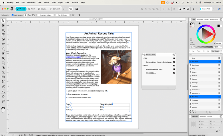 Screenshot of the reading order panel in Affinity.